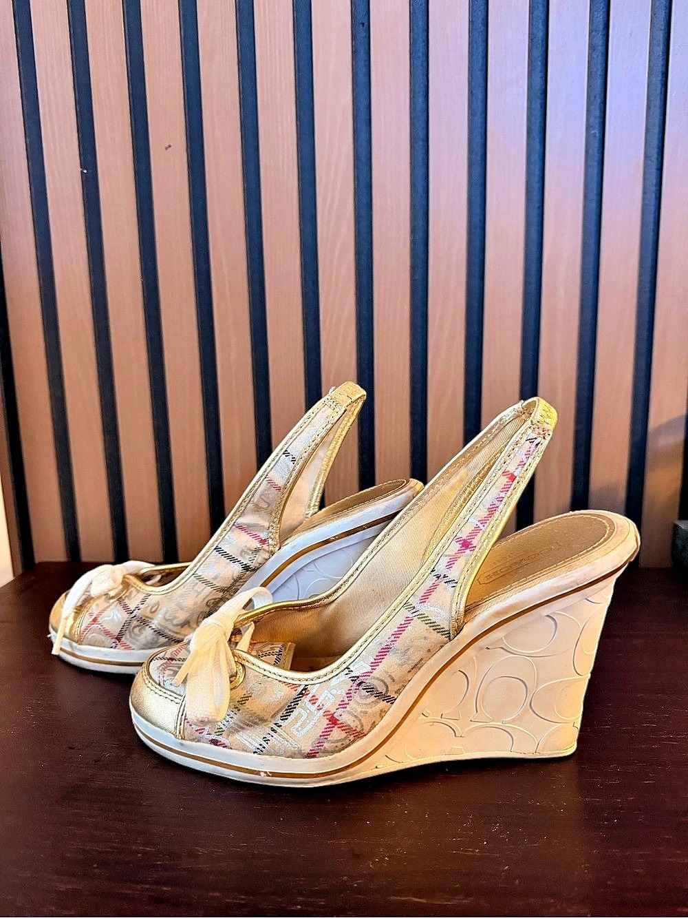 Coach Emilanna Wedge Sandals Plaid Gold & White